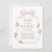 Wildblume Pink Coquette Bow Girl 1. Geburtstag Einladung (Vorderseite)