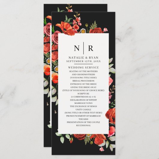 Wildblume Poppies Dark Monogram Wedding Programm (Vorne/Hinten)