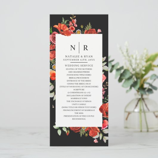 Wildblume Poppies Dark Monogram Wedding Programm (Stehend Vorderseite)
