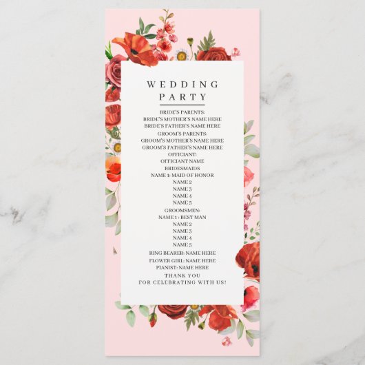 Wildblume Poppies Pink Monogram Wedding Programm (Rückseite)