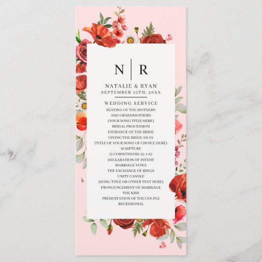 Wildblume Poppies Pink Monogram Wedding Programm (Vorderseite)