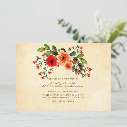 Wildblume Poppy Hochzeit Einladungen Rustikal (Stehend Vorderseite)