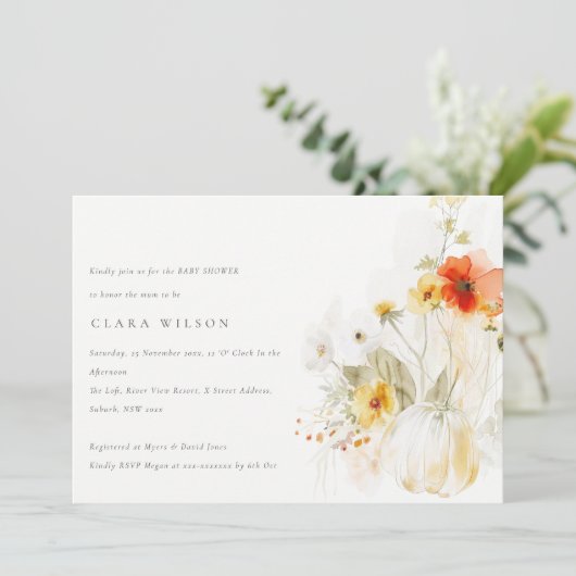 Wildblume Pumpkin Watercolor Kinderdusche Einladung (Stehend Vorderseite)