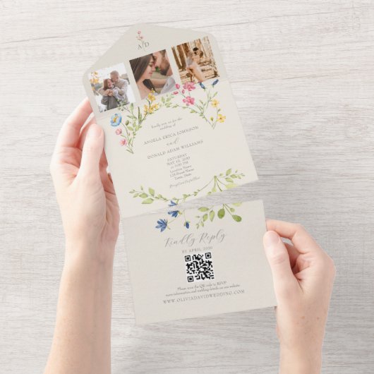 Wildblume QR Code Hochzeit All In One Einladung (Abreißen)