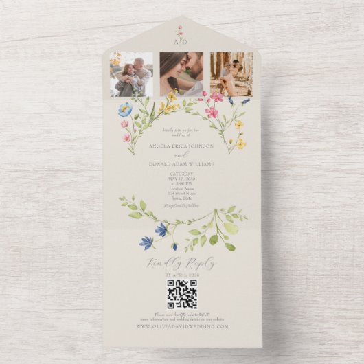 Wildblume QR Code Hochzeit All In One Einladung (Innen Boden)