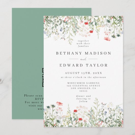 Wildblume QR Code Hochzeit Einladung (Vorne/Hinten)