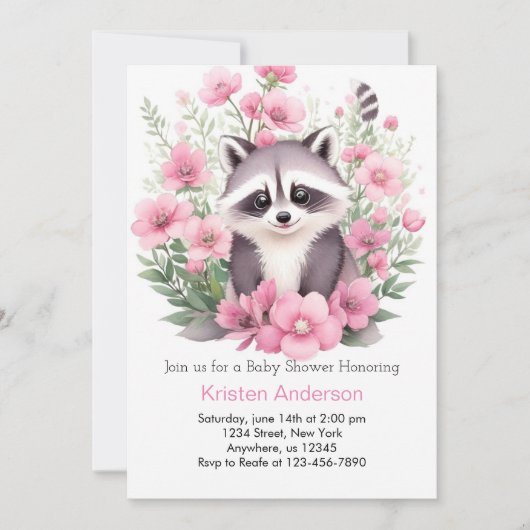 Wildblume Raccoon Pink Adventure Girl Baby Dusche Einladung (Vorderseite)