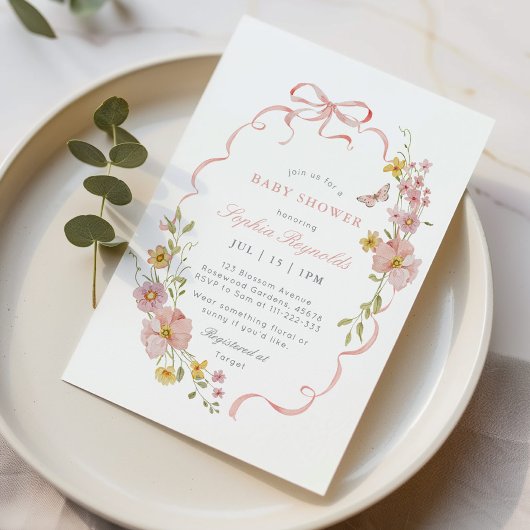 Wildblume Rahmen Pink Babydusche Einladung