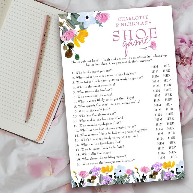Wildblume Rasen Hochzeitspaare Duschdusche Spiel (Wedding Shower Shoe Game Card from my Wildflower Lawn Collection.
)