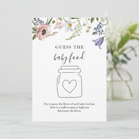 Wildblume Raten Sie die Baby Food Game Card Einladung (Stehend Vorderseite)