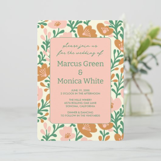 Wildblume Reben Rosa Graue QR Code WEDD Einladung (Stehend Vorderseite)