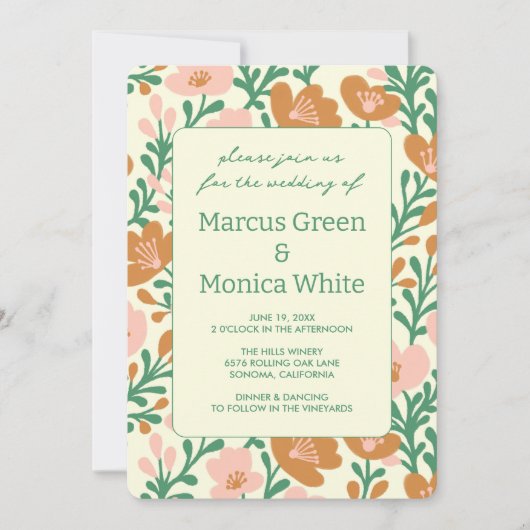 Wildblume Reben Rosa Graue QR Code WEDD Einladung (Vorderseite)