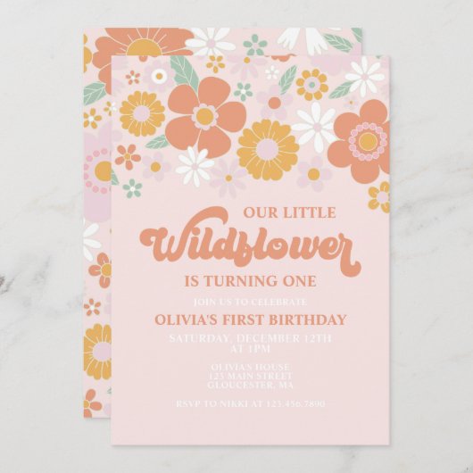 Wildblume Retro Blumengeburtstag Einladung (Vorne/Hinten)