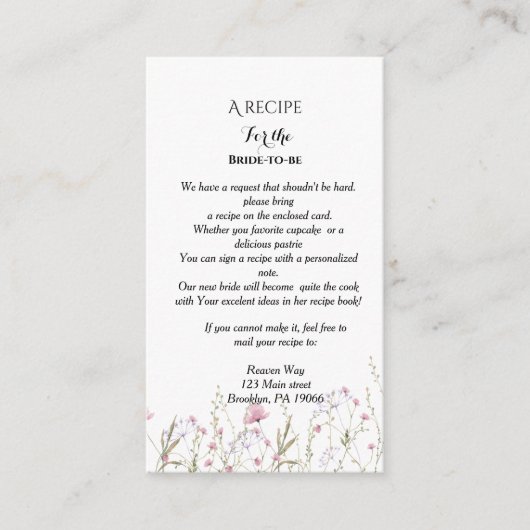 Wildblume Rezept Brautparty Begleitkarte (Vorderseite)