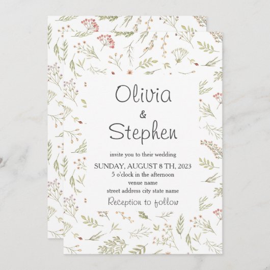 Wildblume Romantische zarte blumenreiche Rustikale Einladung (Vorne/Hinten)