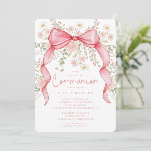Wildblume Rosa-Bow-Kommunion Einladung (Stehend Vorderseite)