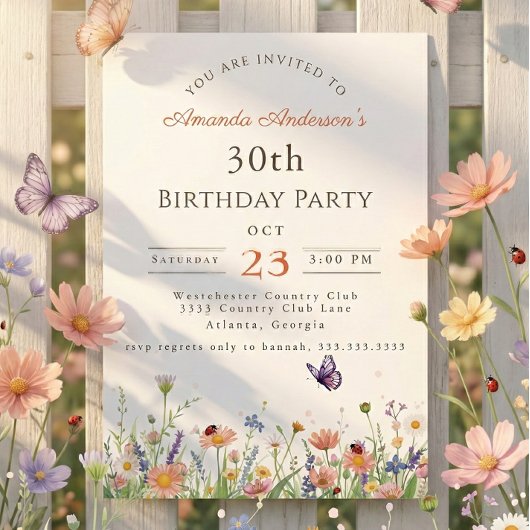 Wildblume Rosa Lila Garden Party 30. Geburtstag Einladung