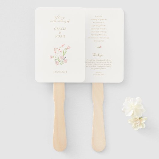 Wildblume Rose Hochzeitsprogramm für Elfenbeinkart Fächer (Vorne und Hinten)