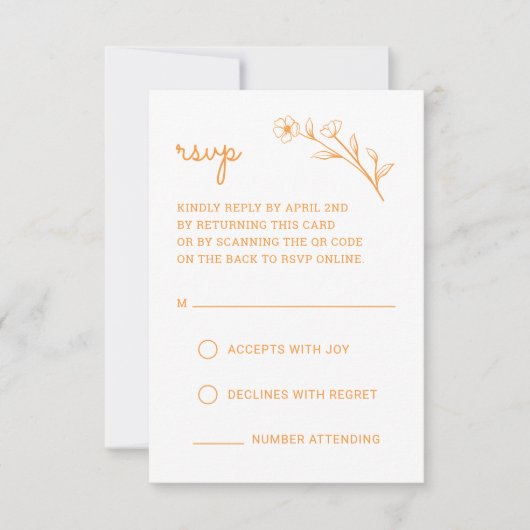 Wildblume RSVP-Karte mit QR-Code in Sunset Orange RSVP Karte (Vorderseite)
