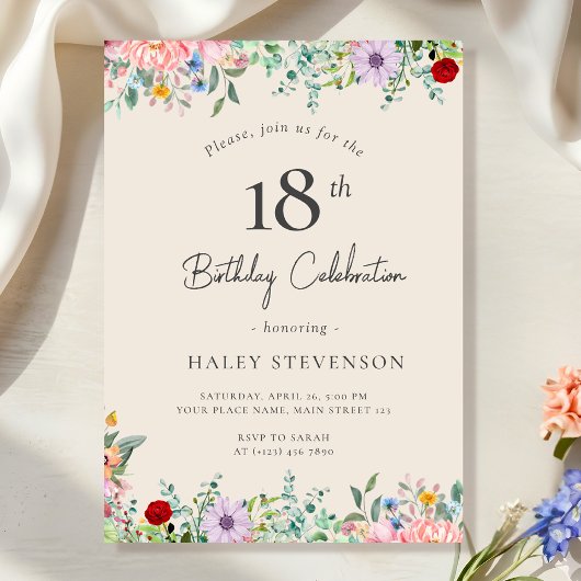 Wildblume Rustic Boho 18. Geburtstag Einfache Beig Einladung