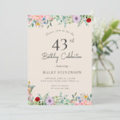 Wildblume Rustic Boho 43. Geburtstag Einfache Beig Einladung (Stehend Vorderseite)