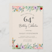 Wildblume Rustic Boho 64. Geburtstag Einfache Beig Einladung (Vorne/Hinten)
