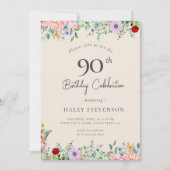 Wildblume Rustic Boho 90. Geburtstag Einfache Beig Einladung (Vorderseite)