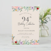 Wildblume Rustic Boho 94. Geburtstag Einfache Beig Einladung (Stehend Vorderseite)