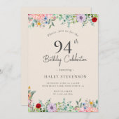 Wildblume Rustic Boho 94. Geburtstag Einfache Beig Einladung (Vorne/Hinten)