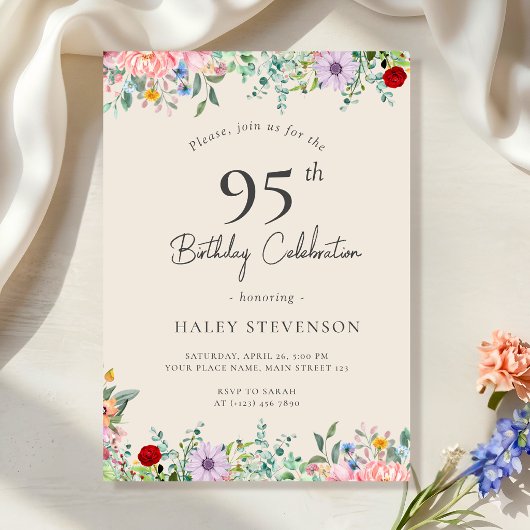 Wildblume Rustic Boho 95. Geburtstag Einfache Beig Einladung