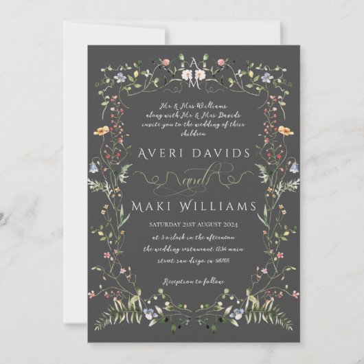 Wildblume Rustic Boho Floral Black Wedding Einladung (Vorderseite)