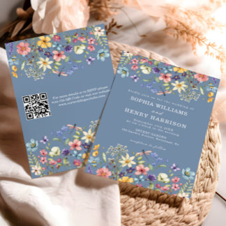 Wildblume Rustic Chic Blue Wedding QR Code Einladung