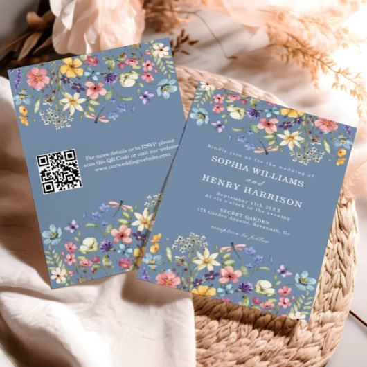 Wildblume Rustic Chic Blue Wedding QR Code Einladung
