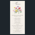 Wildblume Rustic Chic Floral Boho Country Wedding Menükarte<br><div class="desc">Feiern Sie Ihre Liebe mit diesem eleganten Blumenmenü mit einem charmanten Aquarell-Wild-Blume-Design und einer modernen Kalligraphie-Schrift. Dieses Design ist perfekt für eine Gartenhochzeit, eine Feier im Freien oder eine rustikale Boho-Feier geeignet und verbindet wunderschöne Blumenelemente mit zeitloser Eleganz. Ideal für Hochzeiten im Sommer oder Frühling, das lebendige botanische Kunstwerk und...</div>