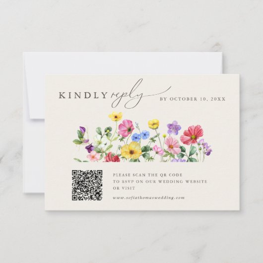 Wildblume Rustic Chic Floral Boho Hochzeit QR Code RSVP Karte (Vorderseite)