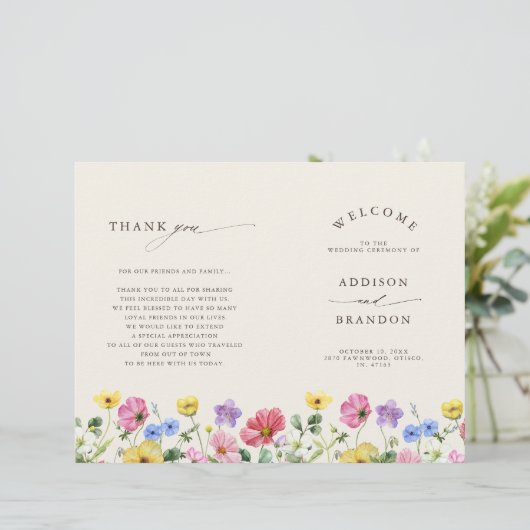Wildblume Rustic Chic Floral Boho Hochzeitsprogram (Stehend Vorderseite)
