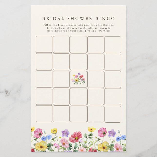 Wildblume Rustic Chic Floral Brautparty Bingo (Vorderseite)