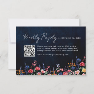 Wildblume Rustic Country Boho Floral Navy QR Code RSVP Karte