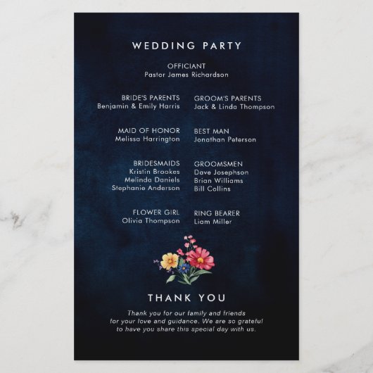 Wildblume Rustic Country Boho Hochzeitsprogramm (Rückseite)