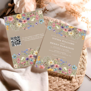 Wildblume Rustic Country Taupe Hochzeit QR Code Einladung
