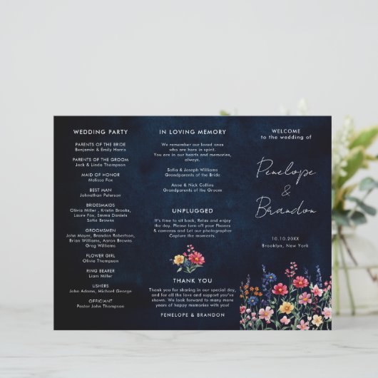 Wildblume Rustic Country Tri Fold Wedding Programm (Stehend Vorderseite)