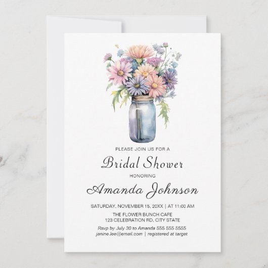 Wildblume Rustic Mason Jar Brautparty Einladung (Vorderseite)