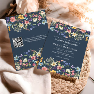 Wildblume Rustic Navy Blue Wedding QR Code Einladung
