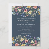 Wildblume Rustic Navy Blue Wedding QR Code Einladung (Vorderseite)
