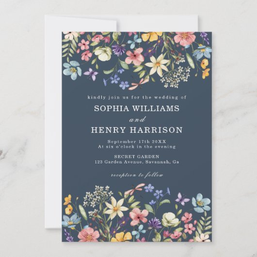 Wildblume Rustic Navy Blue Wedding QR Code Einladung (Vorderseite)