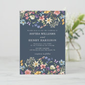 Wildblume Rustic Navy Blue Wedding QR Code Einladung (Stehend Vorderseite)