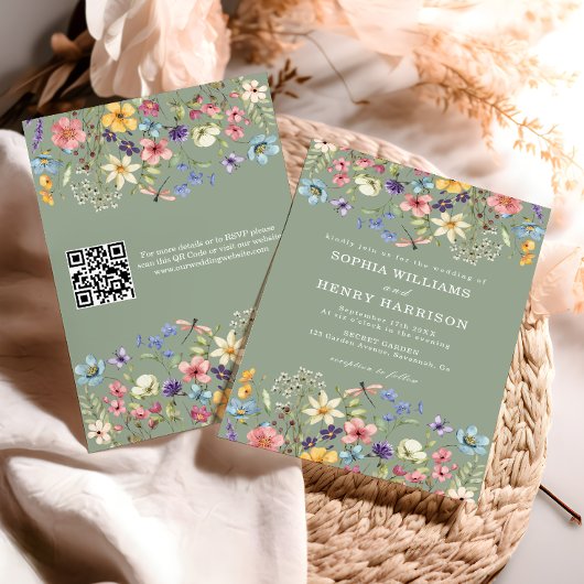 Wildblume Rustic Sage Green Wedding QR Code Einladung