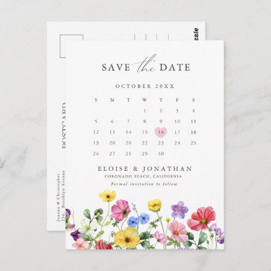 Wildblume Rustikaler Blumenkalender Save the Date Postkarte (Vorne/Hinten)