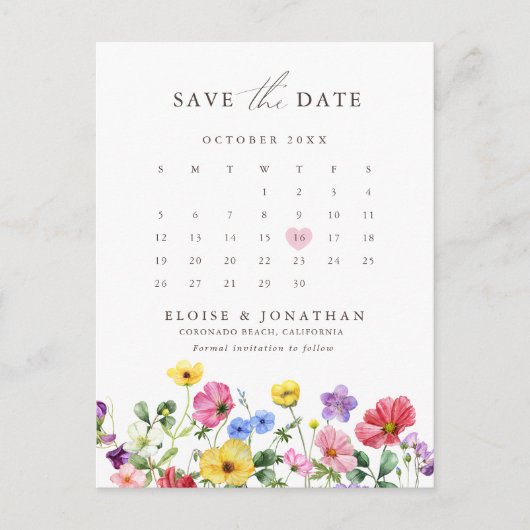 Wildblume Rustikaler Blumenkalender Save the Date Postkarte (Vorderseite)