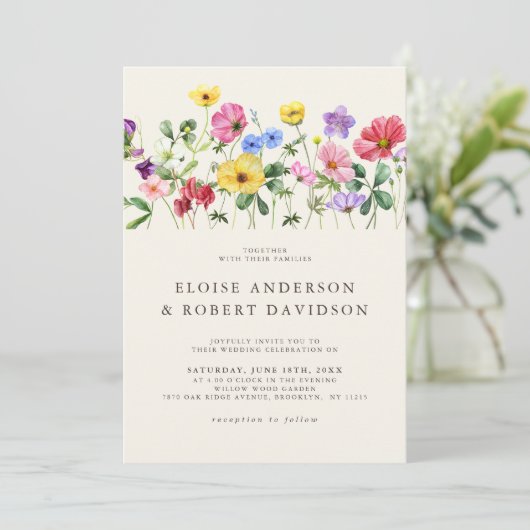 Wildblume Rustikaler Chic Boho Blumendetails Hochz Einladung (Stehend Vorderseite)